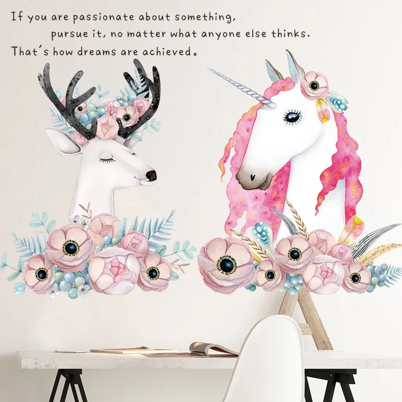 

Pink Unicorn Wall Decals Elk DIY Art Personality PVC Wallpaper Mural Self-adhesive Waterproof Home Decoration Wall Stickers