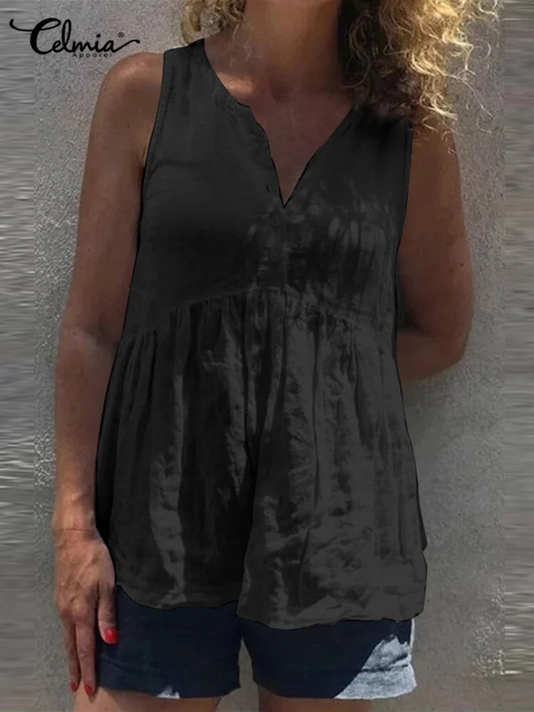 

Leisure Summer Holiday Tanks Celmia Casual Loose Cotton Women 2022 O-neck Blouses Sleeveless Peplum Tops Ladies Solid Color Tops