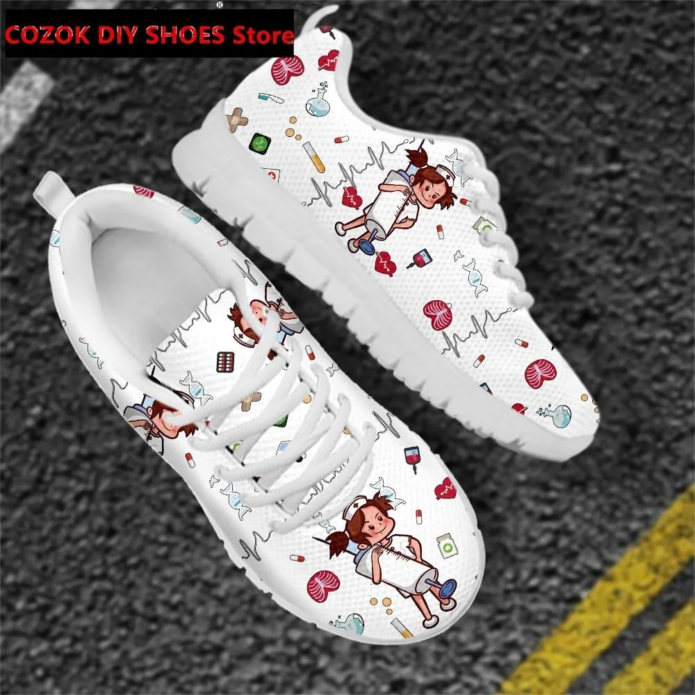 

Кроссовки женские на шнуровке, повседневная сетчатая обувь для медсестер, с рисунком сердцебиения, плоская подошва, медицинские