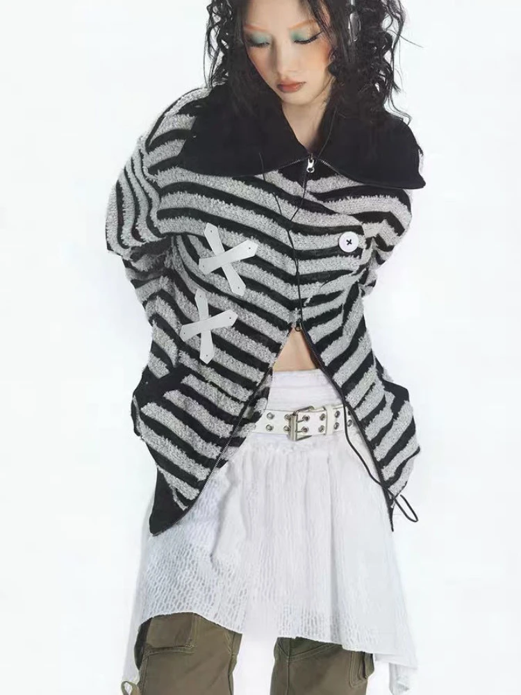 

Striped Knitted Sweatshirts Spring Autumn Japanese Streetwear Harajuku Y2k Clothes Gothic Irregular Zipper Pockets Sudaderas