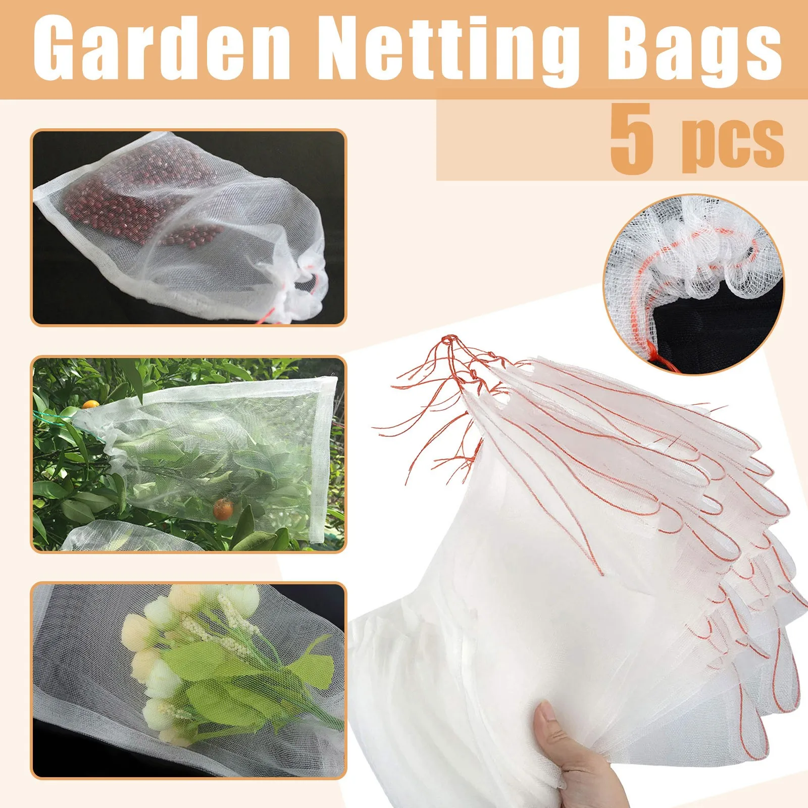 

5PCS Plant Garden Netting Bag Mosquito Net Barrier Bag Fruit Anti-insect Bag Rice Beache-breeding Bag Flower Mesh Netting Bag