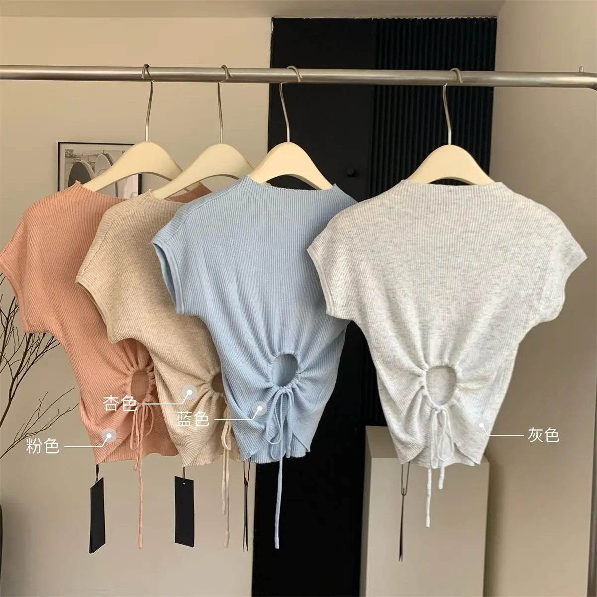 

Korean style Knitted Women Summer Tshirts Short Sleeve O-neck Tees Crop Tops Hollow Out Sexy T-Shirt Drawstring Tunic T-shirt