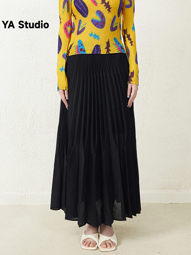 

[YA Studio] Pleated Long Skirts For Women High Elastic Wasit Solid Color Fold Elegant Female Clothing 2023 Summer Fashion