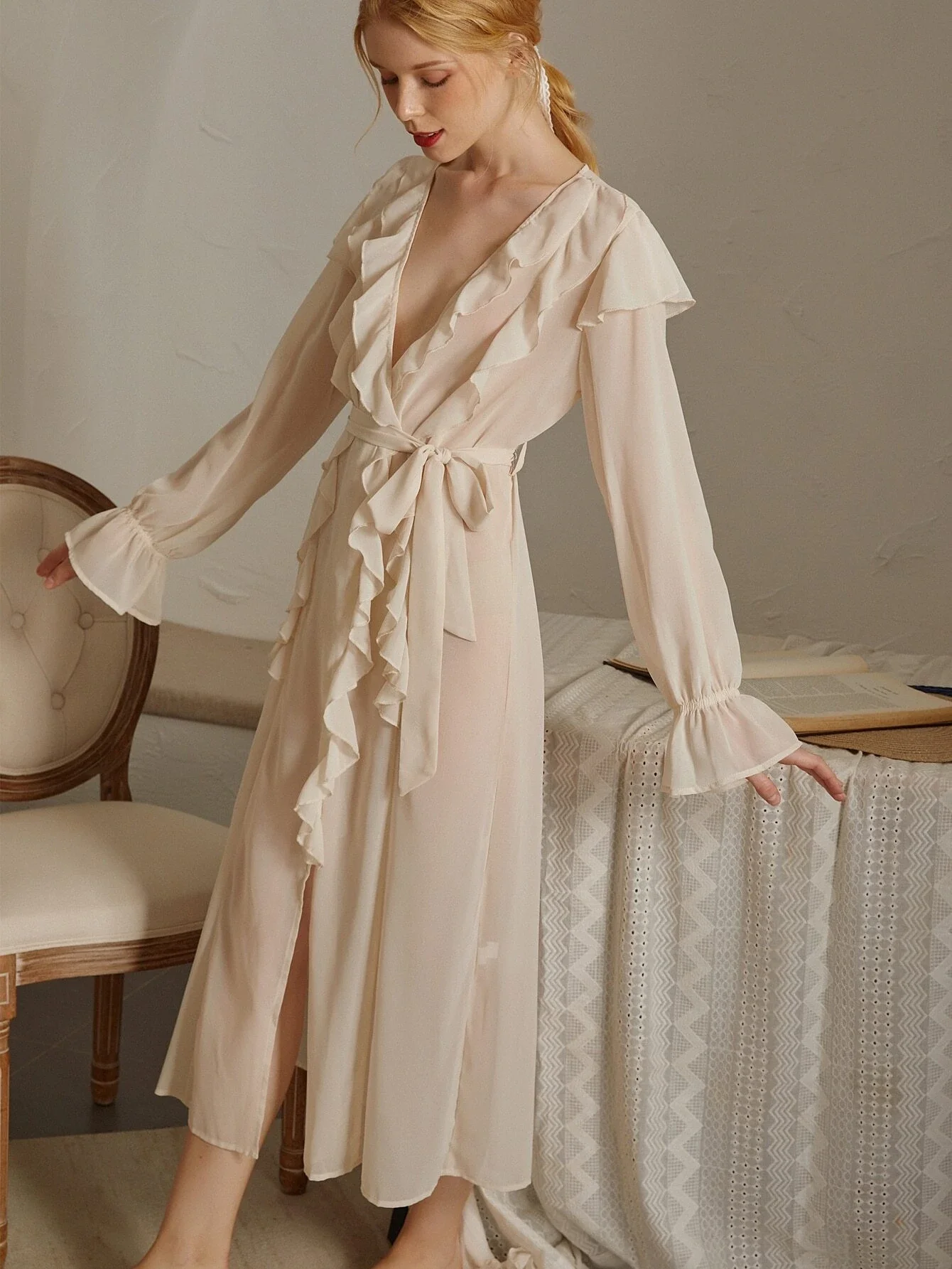 

New Ruffle Trim Flounce Sleeve Belted Chiffon Night Robe Trousers and pajamas
