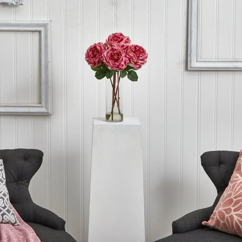 

Beautiful & Unique Pink Rose Artificial Flower Arrangement with Cylinder Vase, Perfect Decor for Home & Office.