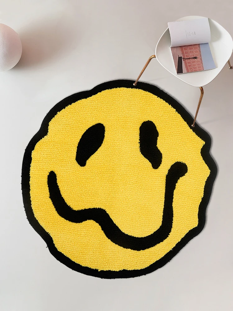 

Funky Y2K Smiley Face Tufted Rug for Bedroom Living Room Round Colorful Yellow Smile Rug for Bathroom Fluffy Home Dorm Decor
