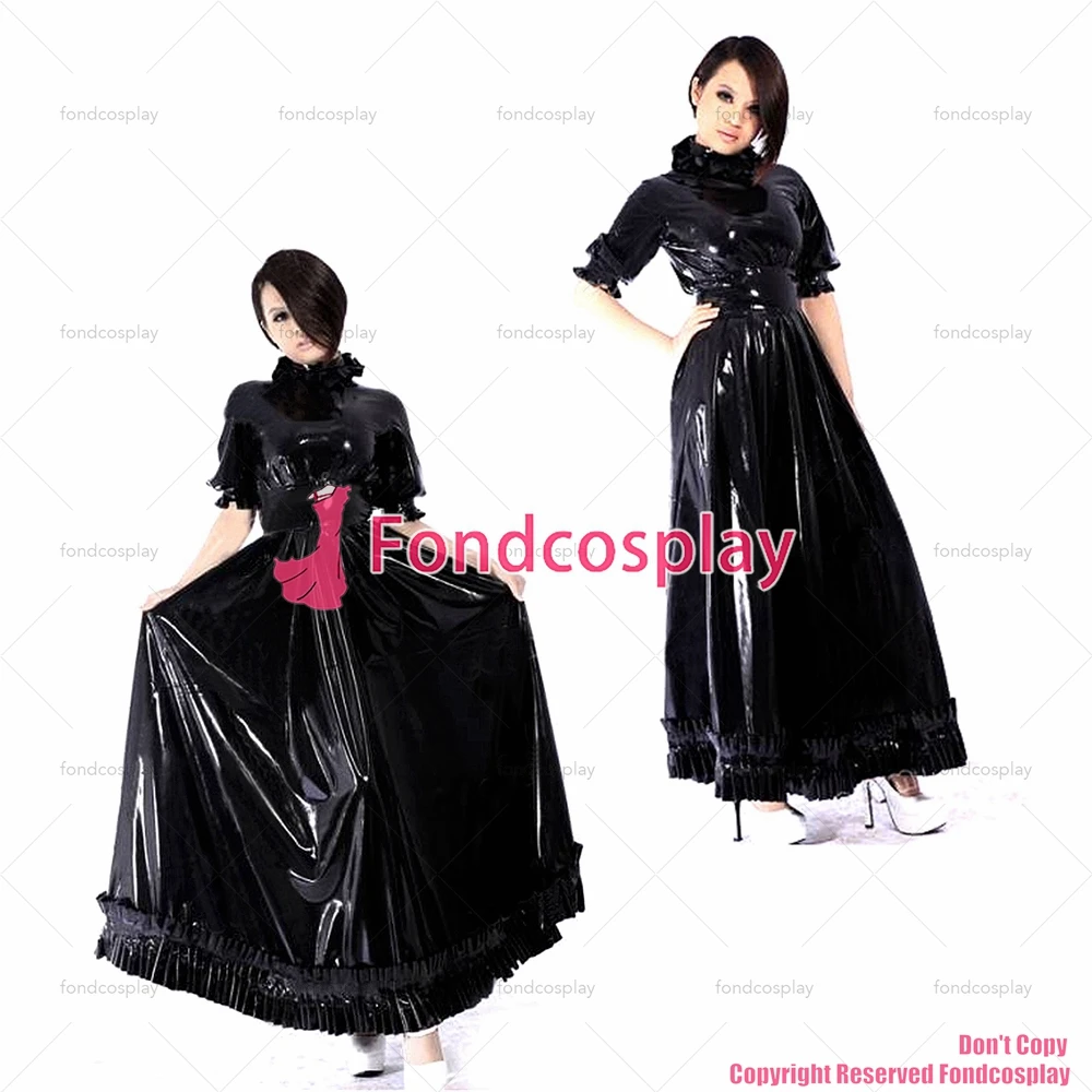 

fondcosplay adult sexy cross dressing sissy maid long black thin pvc dress lockable Uniform cosplay costume CD/TV[G2184]