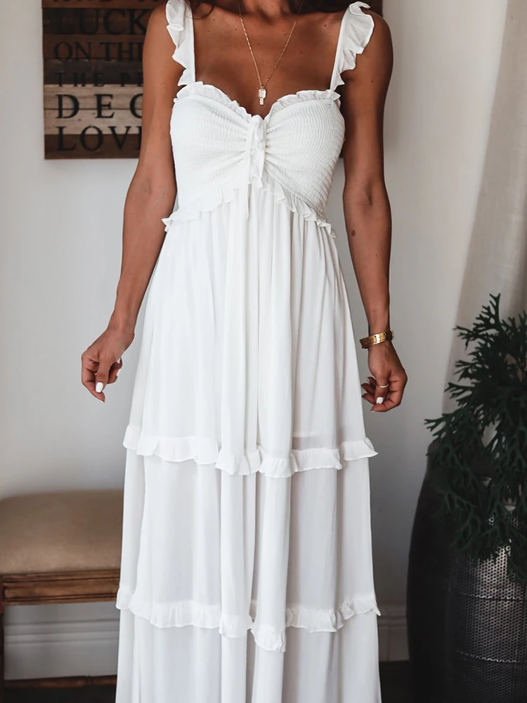 

Women Sexy Off Shoulder Ruffle Long Dress Elegant Sleeveless Solid Suspenders Dress Summer Fashion Pleated Party Dress Vestido