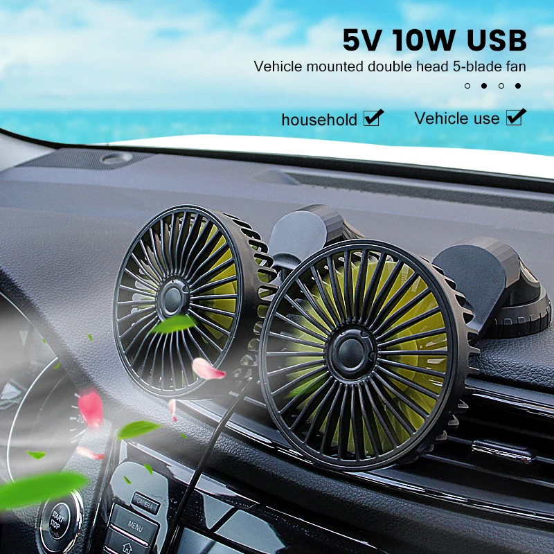 

USB Car Dual-Head Fan Tuyere Creative Car Interior Car Supplies 360 Degrees-Round 12V/24V Car Cooling Summer