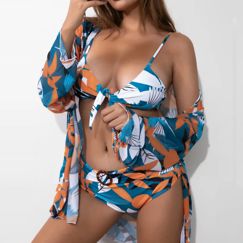 

Three Pieces Plant Print Knot Bikini Cover Up Women 2022 New Swimsuit Brazilian Swimwear Feminino Biquinis Bathing Suit Kimono