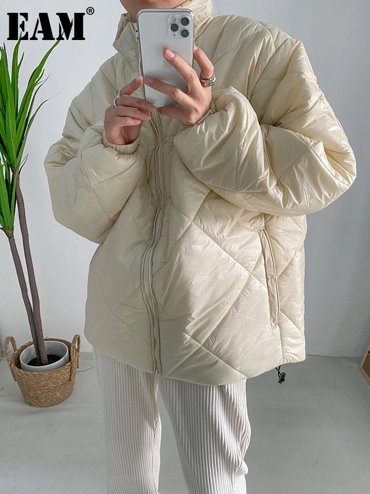 [EAM]  Apricot Big Size Warm Cotton-padded Coat Long Sleeve Loose Fit Women Parkas Fashion Tide New Autumn Winter 2022 1DF0392
