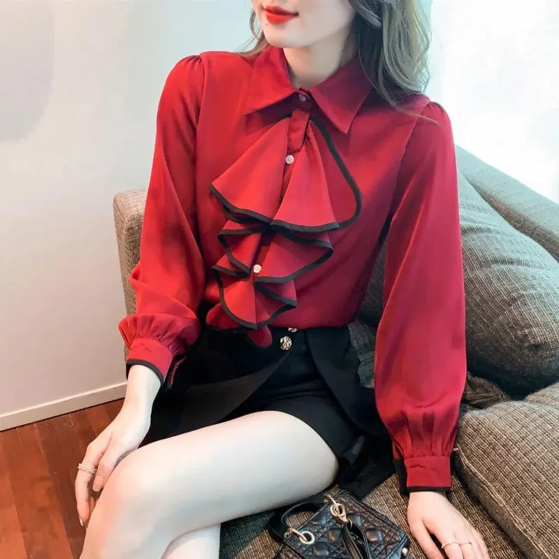 Женская шифоновая рубашка в стиле ретро однотонный кардиган с воротником-поло