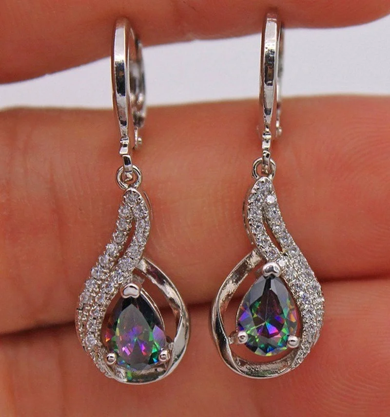 

Fashion Cute Girls Rainbow Water Drop Earrings Boho Silver Color Zircon Stone Earrings Crystal Long Dangle Earrings For Women