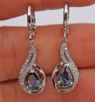 fashion cute female rainbow water drop earrings boho silver color zircon stone earrings crystal long dangle earrings for women