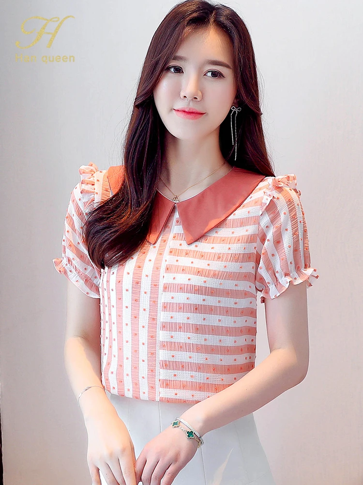 

H Han Queen New Summer Office Lady Blusas Dot Vintage Tops Simple Elegant Chiffon Blouse Women Korean Short Sleeve Casual Shirt