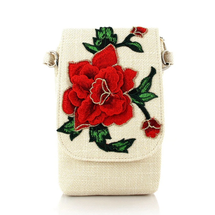 

Ethnic Style Mobile Phone Bag Three-dimensional Embroidered Coin Purse Cotton And linen Diagonal Flower Hand-held Women's Bag