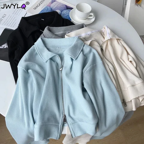 S-3xl Simple Polo Collar Chic Double Zipper Cropped Top Coat All-match Loose Cardigan Sweatshirts 2023 Fashion Clothes For Women
