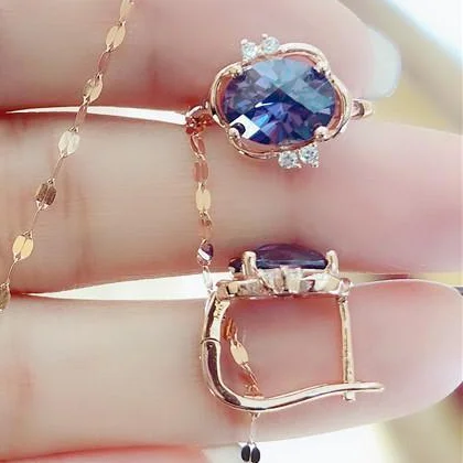 

Purple Gold Rose Gold Elegant High-Grade Blue Stone Ring Earrings Pendant Set Women's Light Luxury Style Color Gold Jewelry