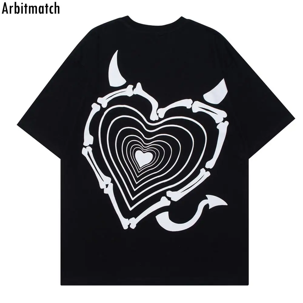

Футболка мужская хлопковая оверсайз, уличная одежда в стиле Харадзюку, с рисунком волнистых сердец и демонов, свободная рубашка в стиле хип-...