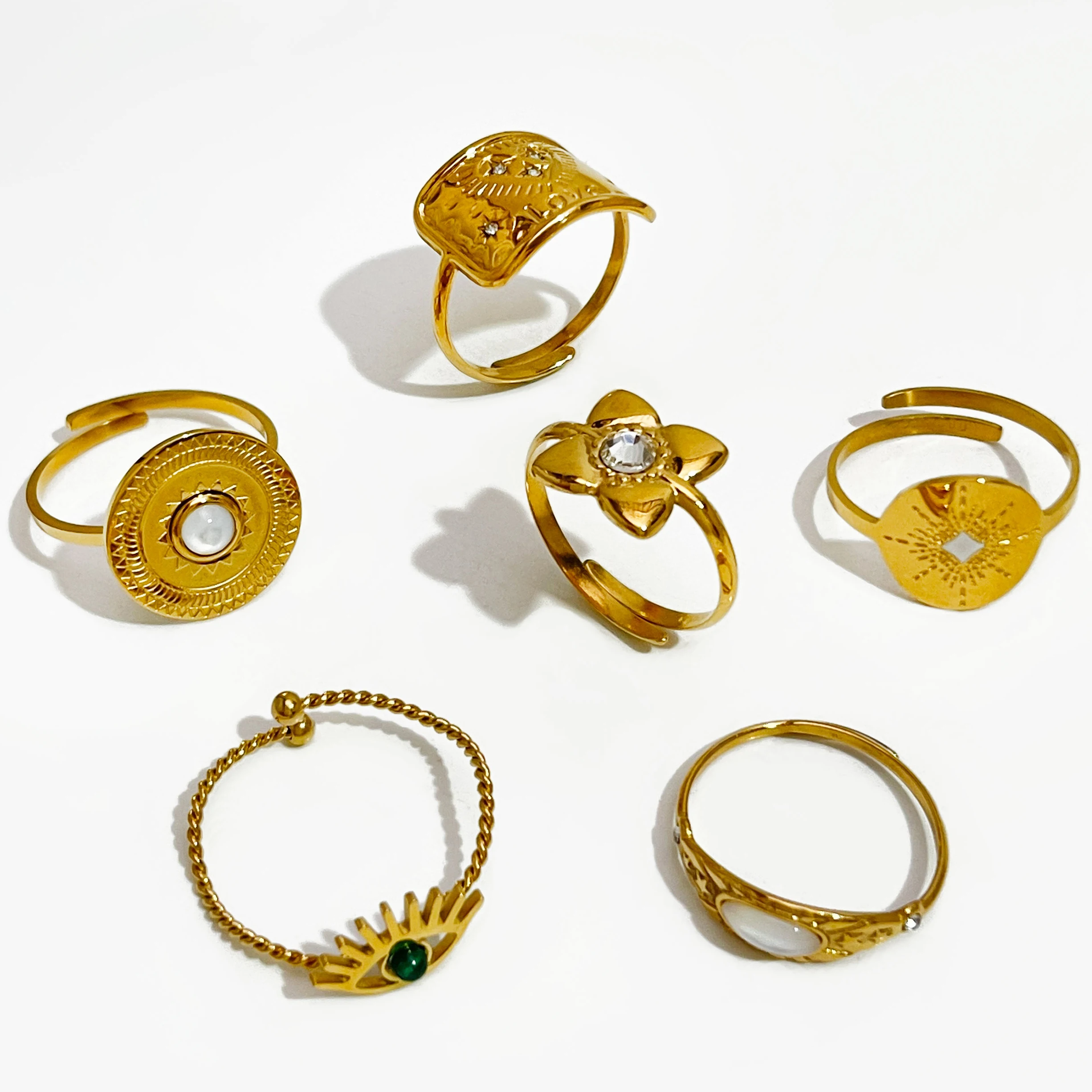 

Peri'sbox Minimalist Boho Rings Collection Stainless Steel Gold Pvd Plated Sun Light Evil Eye Adjustable Ring with Natural Stone