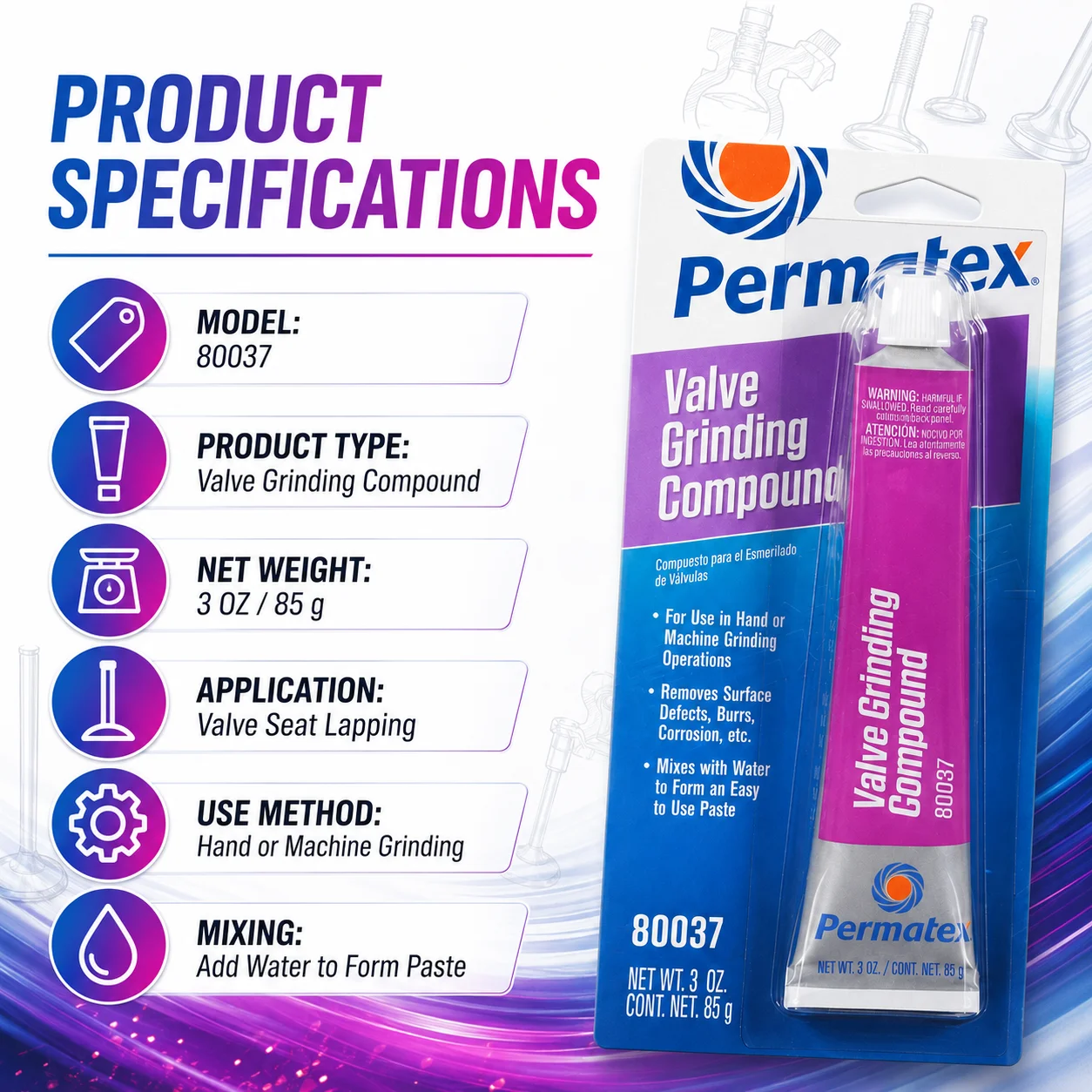 Фото Смазка для притирки клапанов Permatex 80037, 85 г (3 унции), средство для удаления дефектов поверхности при ремонте клапанов малолитражных автомобильных двигателей №5