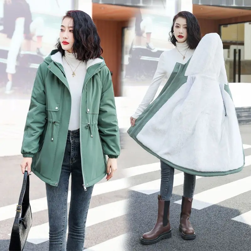 

2022 New Fashion Winter Jacket Coat Velvet Thick Warm Women Windbreaker Loose Mid Long Hooded Overcoat Casual Ladies CoatS R2447