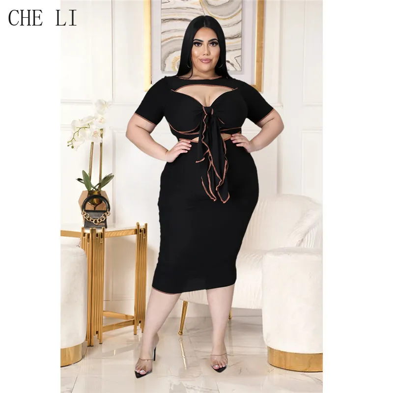 2022 Fashion Plus Size Dress Women's Solid Color Reverse Side Hollow Frenulum Contrast Color Plus Size Elegant Dress Women Style