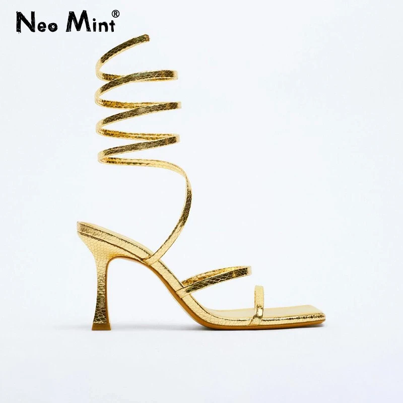 

2023 Women Spiral Strap Heeled Sandals Snakeskin Pattern Leather Gladiator Sandals Women Square Toe Stilettos Shoes for Party