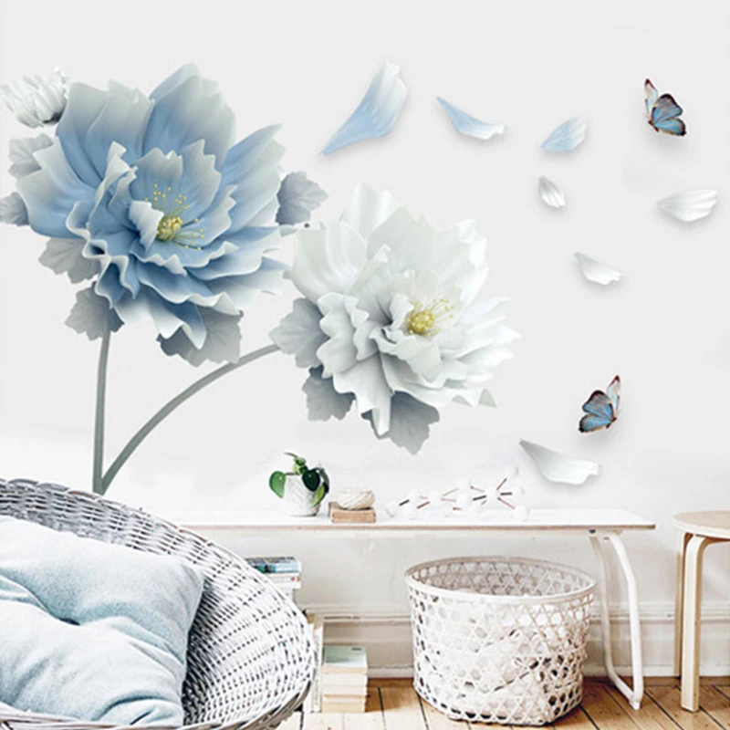 

Large White Blue Flower Lotus Butterfly Removable Wall Stickers 3D Wall Art Decals Home Decor Mural Art for Living Room Bedroom
