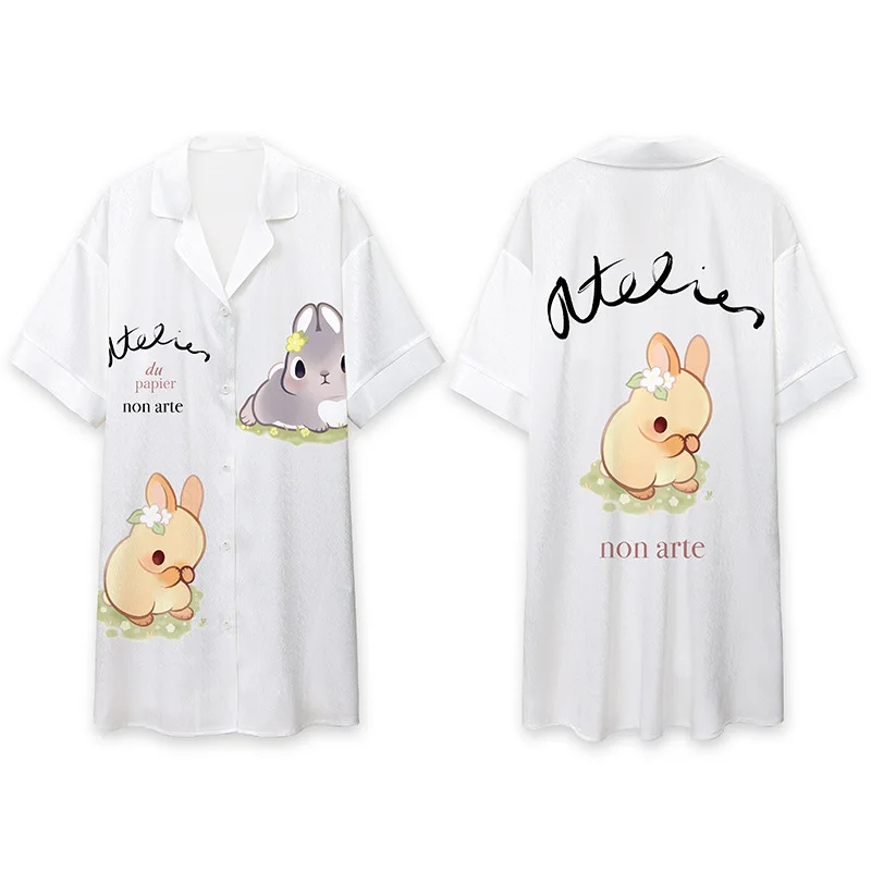 Pajamas Women's Summer Herringbone Pattern Large Size Mid-length Skirt Nightdress Sweet Girl Cartoon Cardigan Home Service