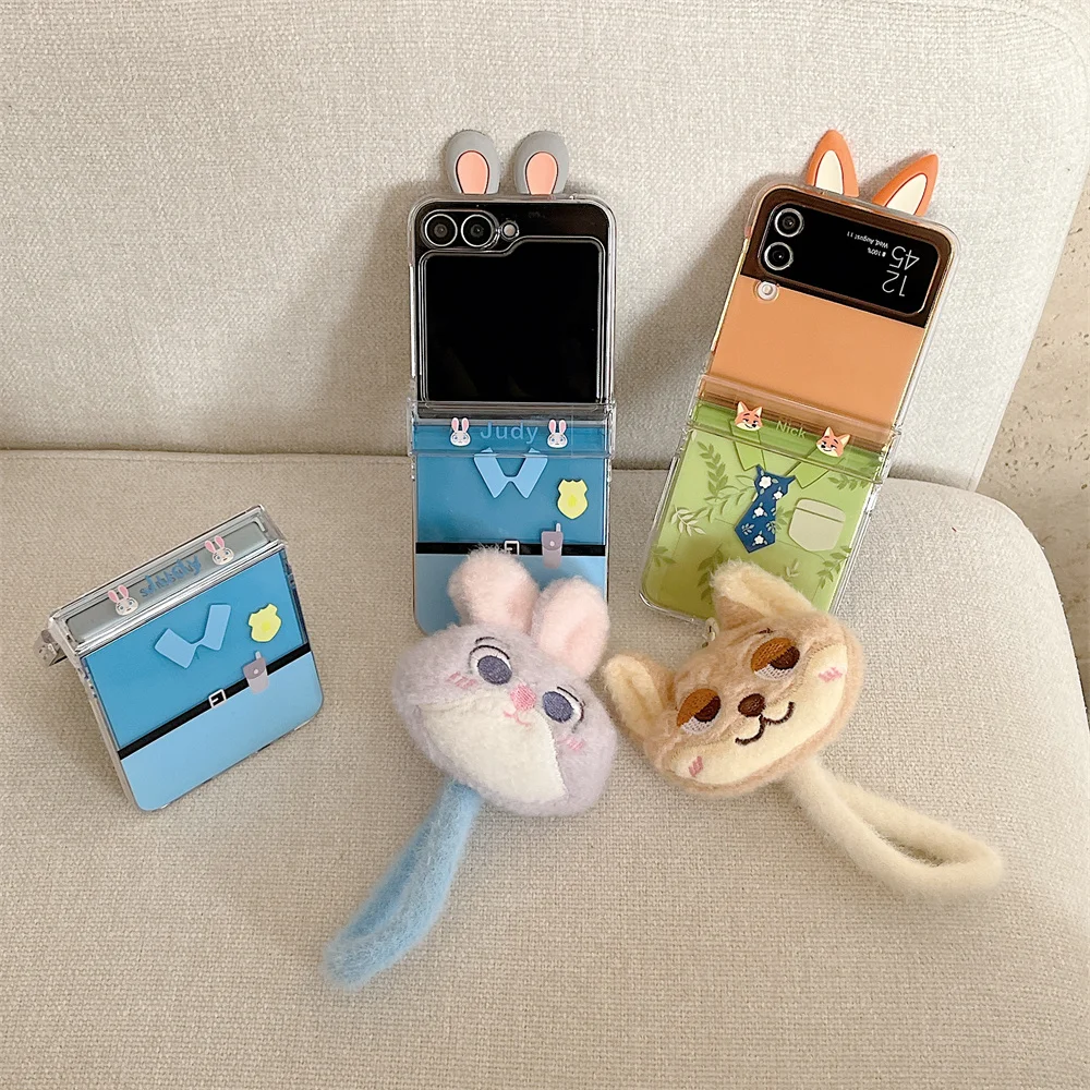 Фото Чехол для телефона Zootopia с забавным кроликом и лисой для Samsung Galaxy Z Flip6 5 7 zflip5 4 3 ZFlip7 7FE с плюшевой подвеской и защитой Ca №1