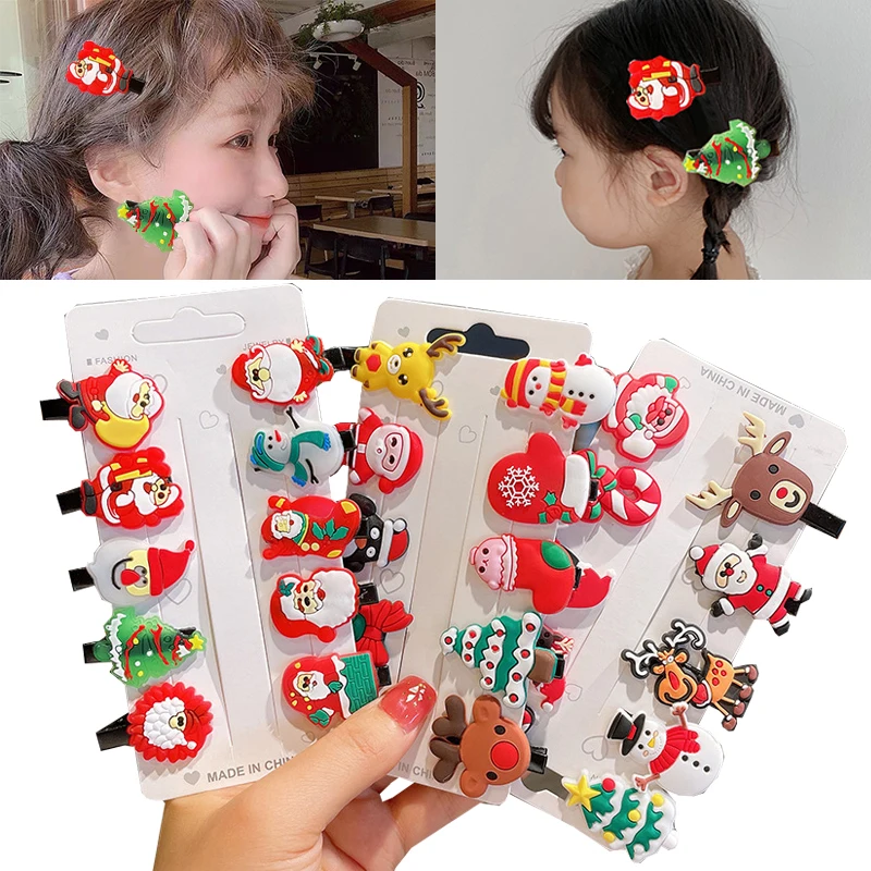 

10Pcs/set Christmas Hair Clip Cartoon Santa Claus Xmas Tree Elk Hairpin Antler Baby Barrettes Kids Hair Accessories Headwear