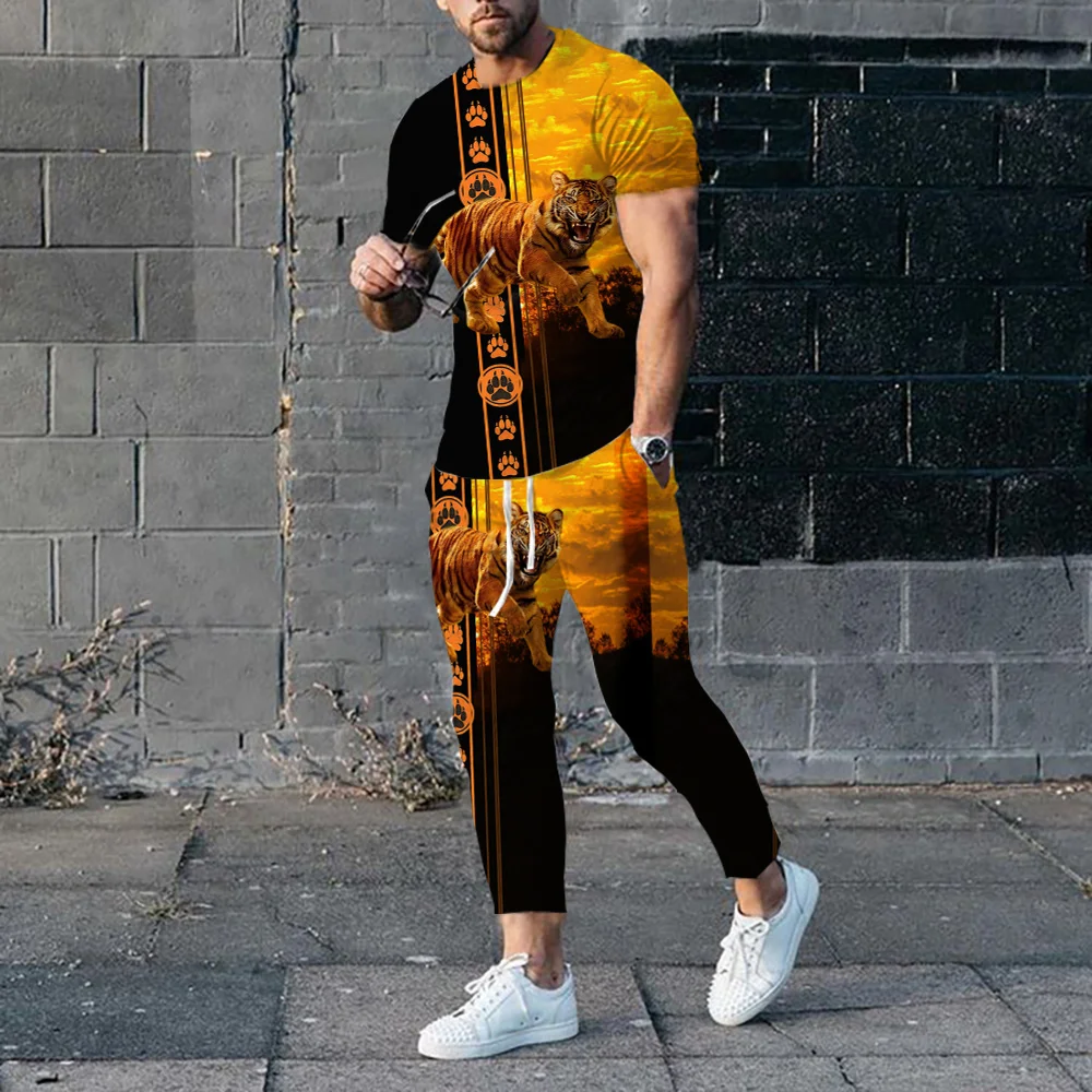Summer Men Tracksuit Short Sleeve Trousers 3d Printed Lion T Shirt Long Pants 2 Piece Set Black Casual Streetwear Man Clothing