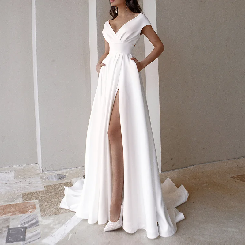 

CFED-054 2022Y New Design Elegant Graceful Pure White Evening Dress V Neck Prom Dress Ruffle Split Women's Dress Party Dress