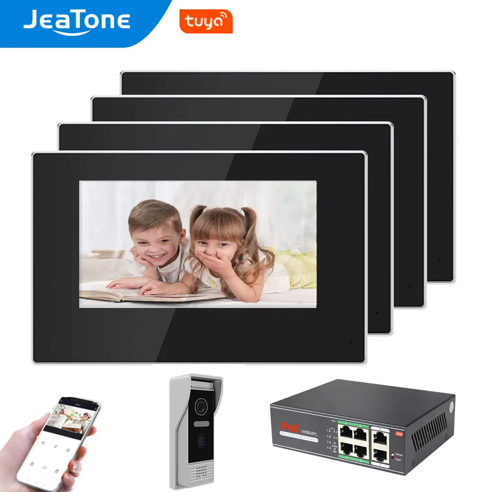 Jeatone 7 Inch Intercom In Private House Wifi Video Intercoms For The Apartment Smart Doorbell With Camera 4 Port Poe Switch