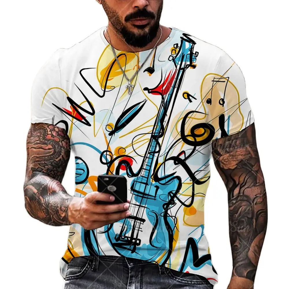 

Fashion Music Guitar 3D Print Men's T-shirts Summer Round Neck Short Sleeve Oversized T Shirt Men Clothing Loose Tops Tees 6XL