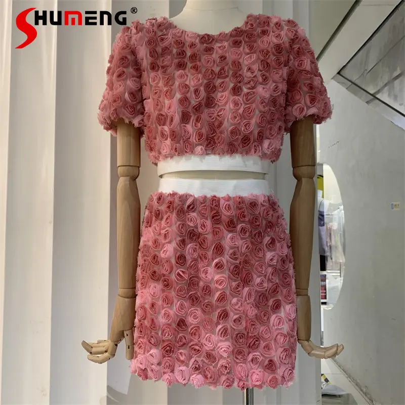 

2023 Summer New Fashion Sweet Short Sleeve Shirt Western Style Youthful-Looking Flower Top High Waist Short Skirt Suit for Women