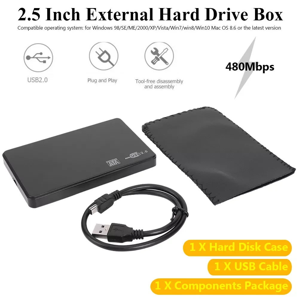 

2.5" Hard Disk Drive Chassis 2.5 inch Hard Disk Case SATA USB2.0 Portable SSD Disk HDD Box External Hard drive Enclosure