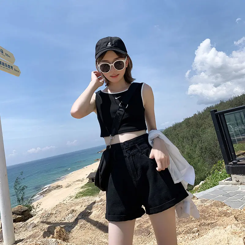 Шорты женские с завышенной талией хлопковые короткие штаны из денима элегантные