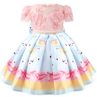 elegant dress with short sleeves 2022 new summer tutu lace stitching design skirt rainbow princess girls clothes for weddings
