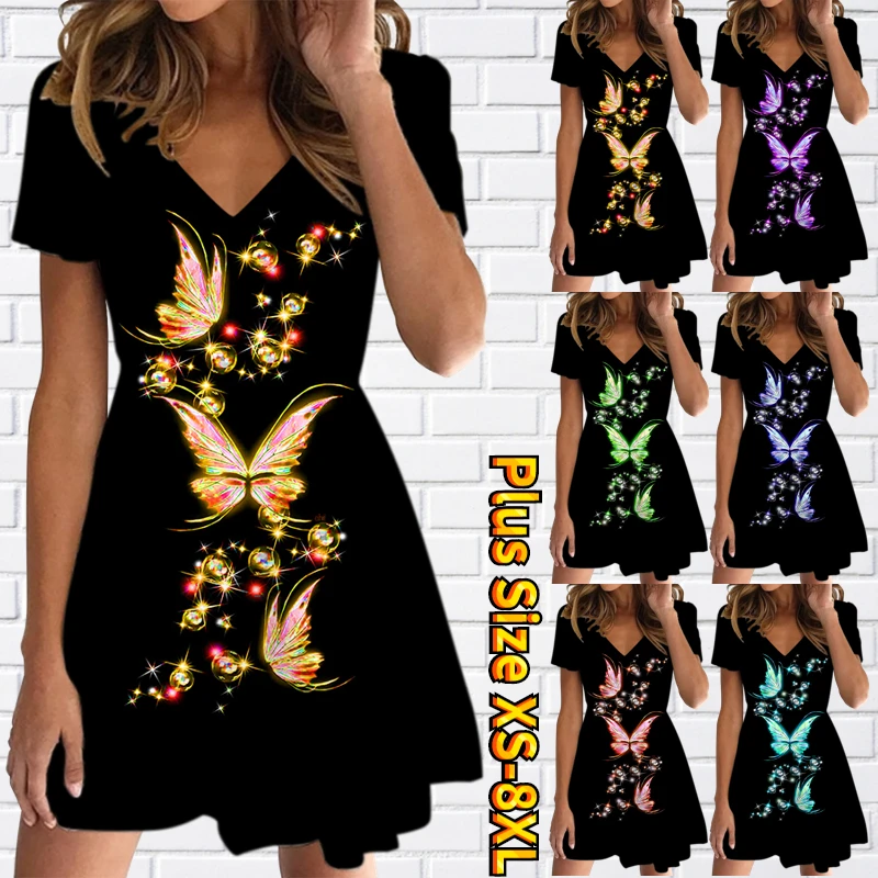 

2023 Women's V-Neck Flower Printing Knee-length Skirt New Party Skirt Summer Sexy Slim Dress Daily Retro Short Sleeve Skirt