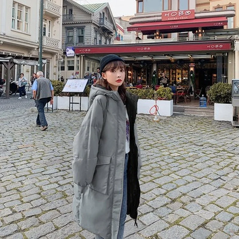 Female Solid Color Casual Down Jacket Winter Loose Long Coats Women Quality Thick Warm Cotton Jackets Casual Parkas Overcoat Ins