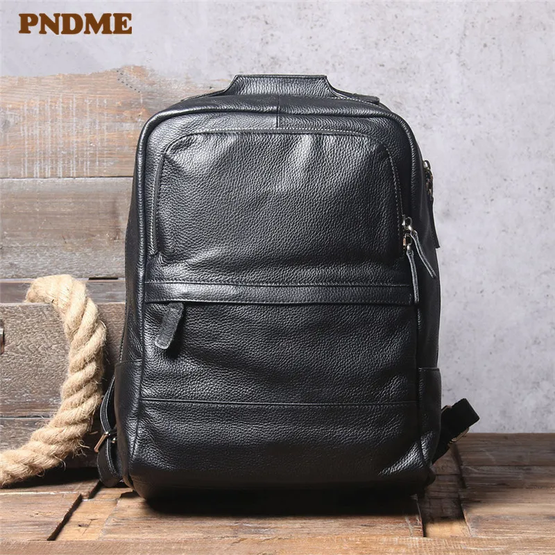 Simple casual natural real cowhide men's backpack outdoor travel bookbag fashion genuine leather women's black laptop bagpack
