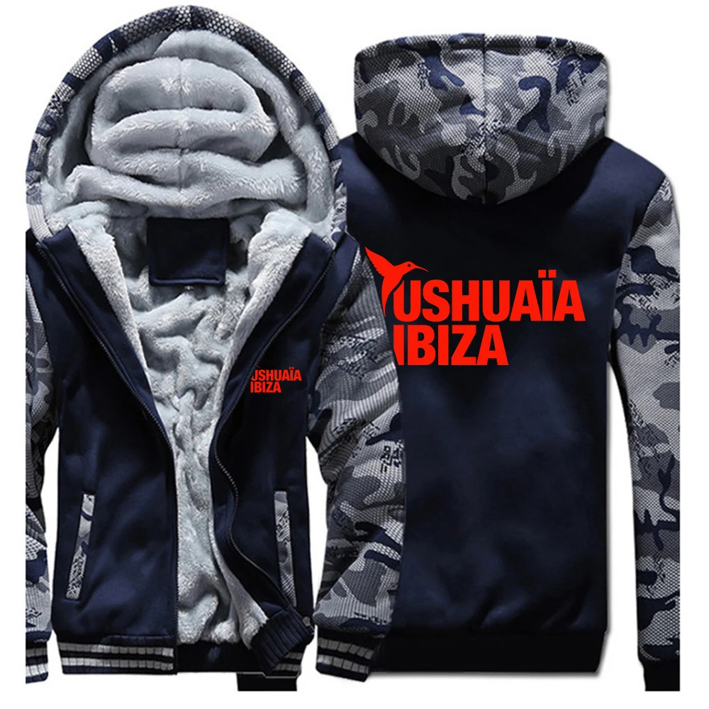 Фото Мужская флисовая толстовка с капюшоном 2026 Ushuaia Ibiza с принтом логотипа, уличная одежда, зимняя теплая утолщенная куртка для защиты от холода №2