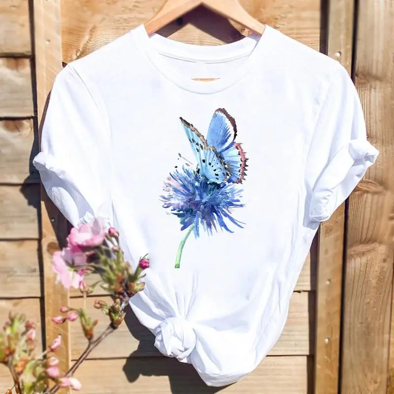 

Women Floral Butterfly Lovely Plant Trend Fashion Graphic T Top Short Sleeve Summer Shirt Print Tshirts Female Tee T-Shirt