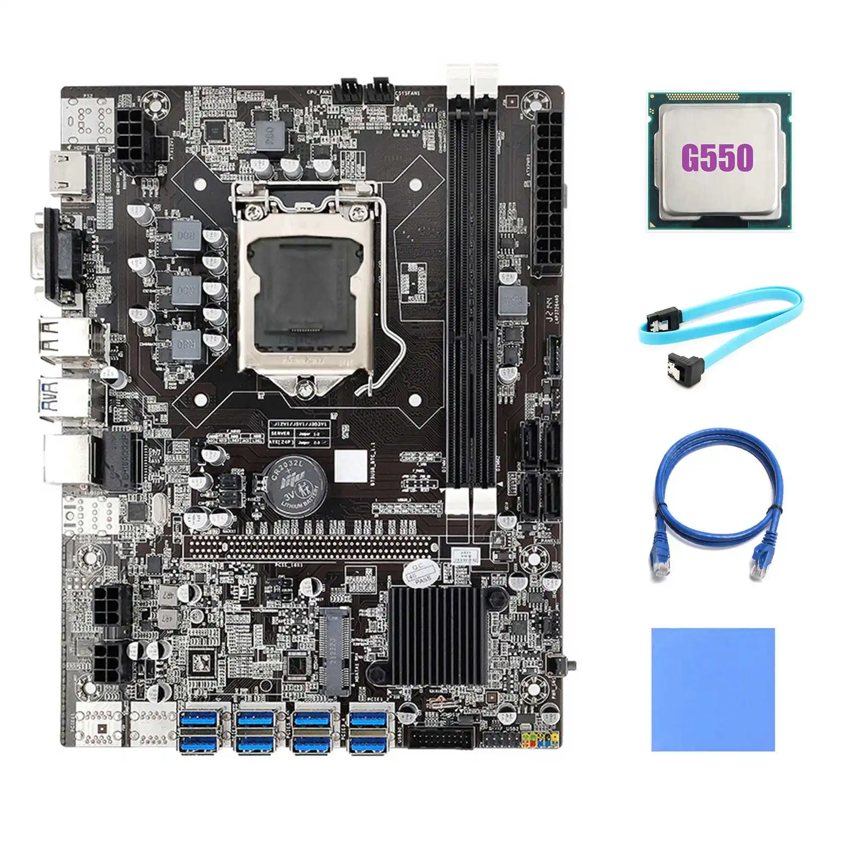 

B75 BTC Mining Motherboard LGA1155 8XPCIE USB3.0 Motherboard with G550 CPU+SATA Cable+RJ45 Network Cable+Thermal Pad