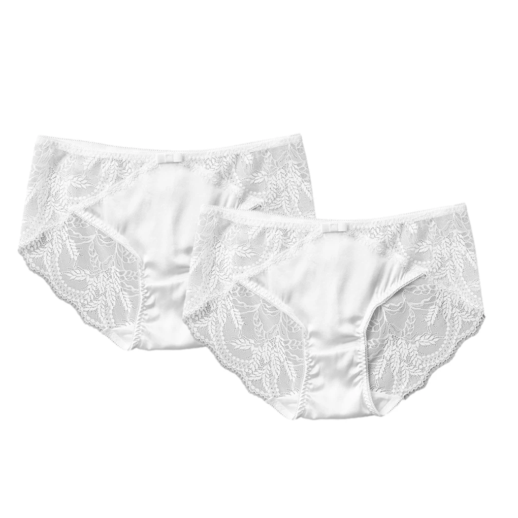 

2 Pcs Women Lace Panties Silk Sexy Briefs Mid-Rise Intimates Lingerie Pink
