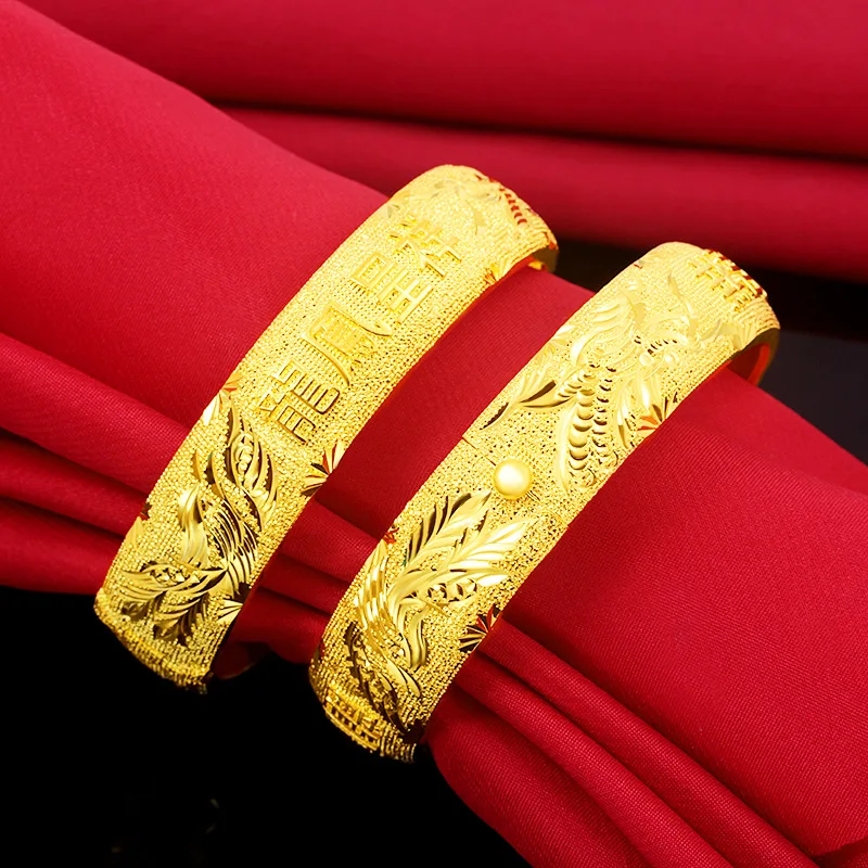 

Classical 24K Yellow Gold Bracelet Bangles For Women Men Luxury Dragon Phoenix Bracelet Wedding Anniversary Fine Jewelry Gifts