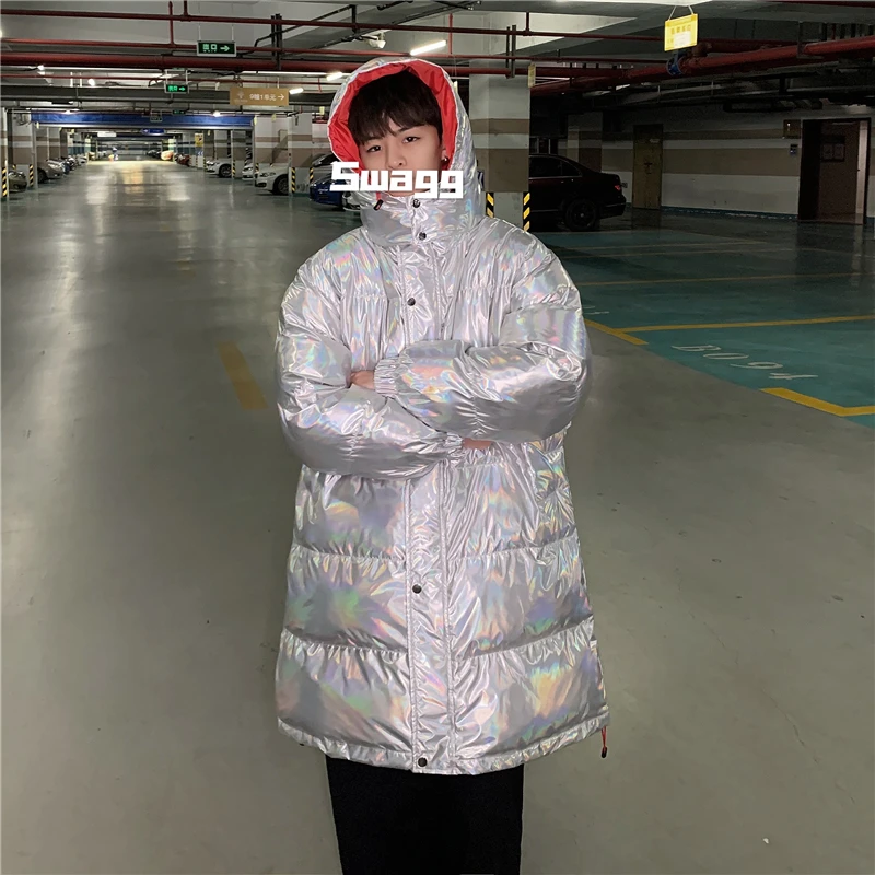 Bright Reflective Long Puffer Jacket for Men Winter Fashion Trends Teen Warm Clothing Removable Wings on Hip Hop Coat Streetwear