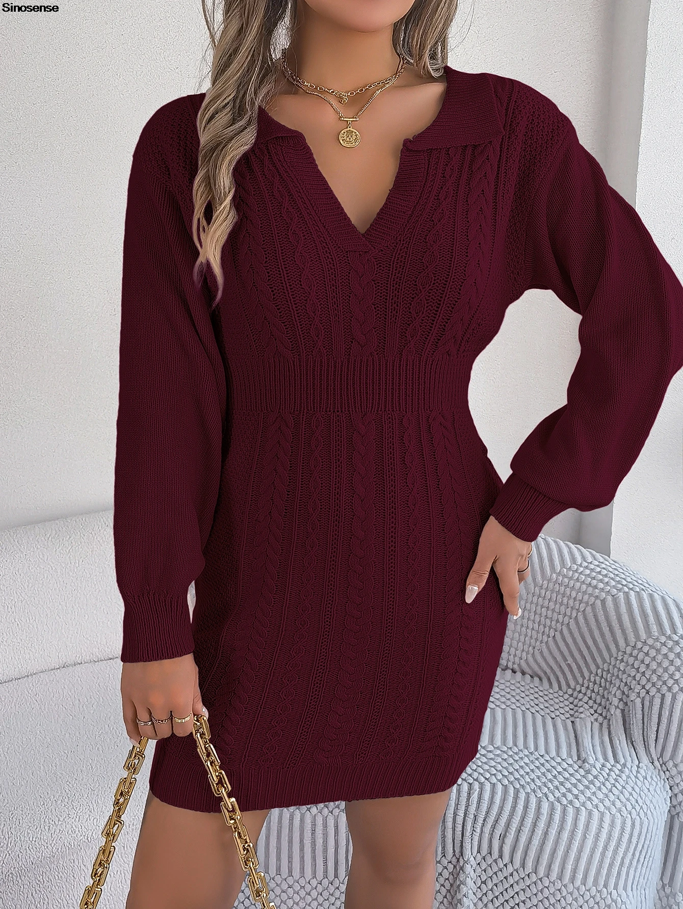 Женское уютное вязаное платье-свитер с длинным рукавом V-образным вырезом и